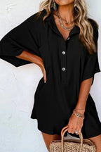 Women's lightweight half-button collared shirt romper by Plush Fashion Hub, featuring a versatile one-piece shirt dress design.