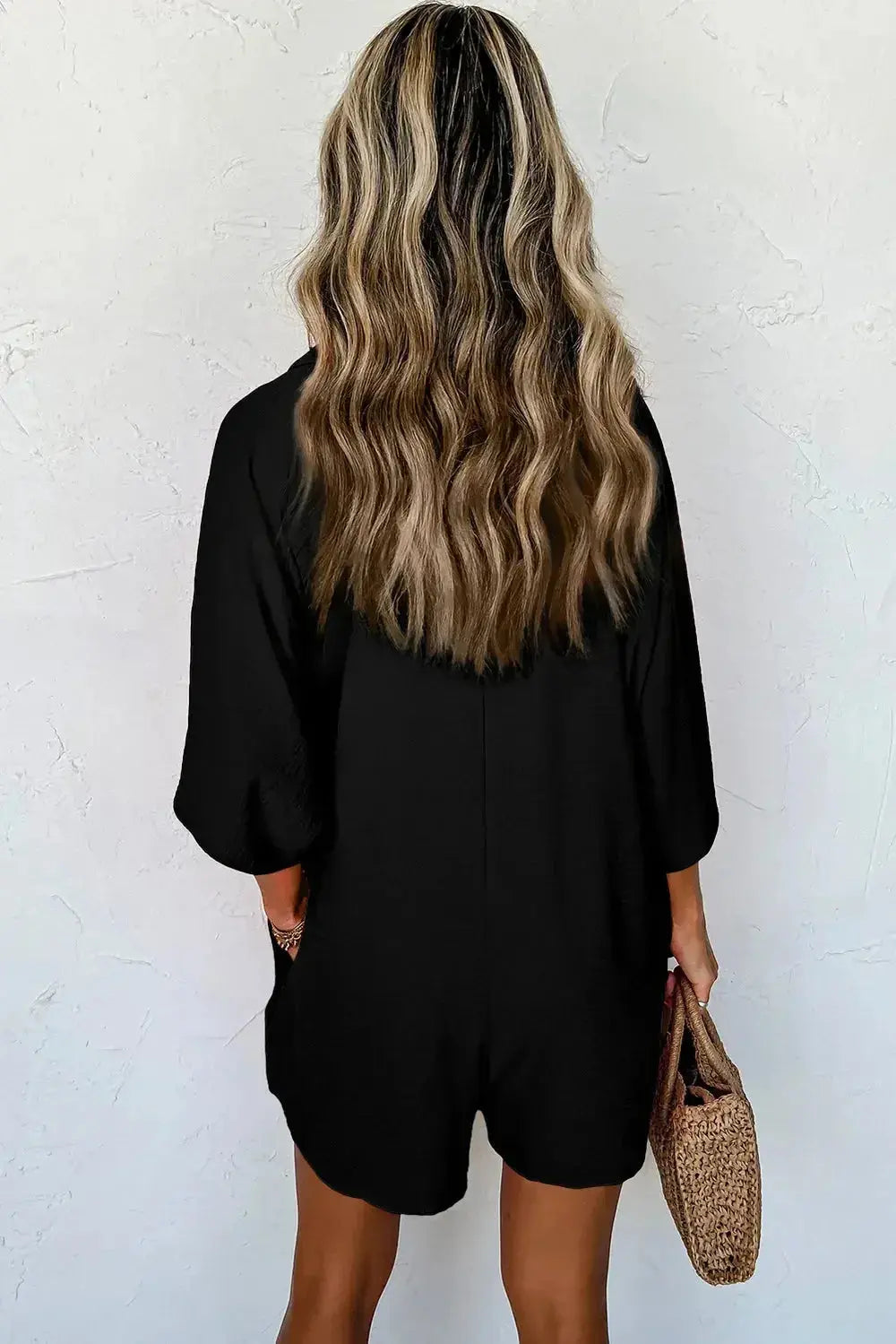 Women's lightweight half-button collared shirt romper by Plush Fashion Hub, featuring a versatile one-piece design and casual style.