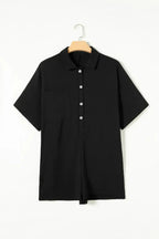 Women's lightweight half-button collared shirt romper by Plush Fashion Hub, featuring a versatile one-piece shirt dress design.