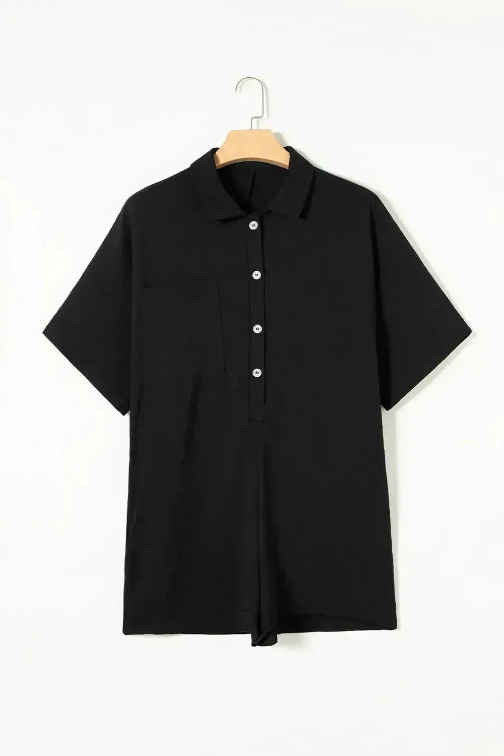 Women's lightweight half-button collared shirt romper by Plush Fashion Hub, featuring a versatile one-piece shirt dress design.