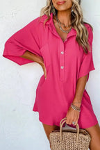 Women's lightweight half-button collar shirt romper, versatile one-piece dress by Plush Fashion Hub, shown in a stylish casual fit.