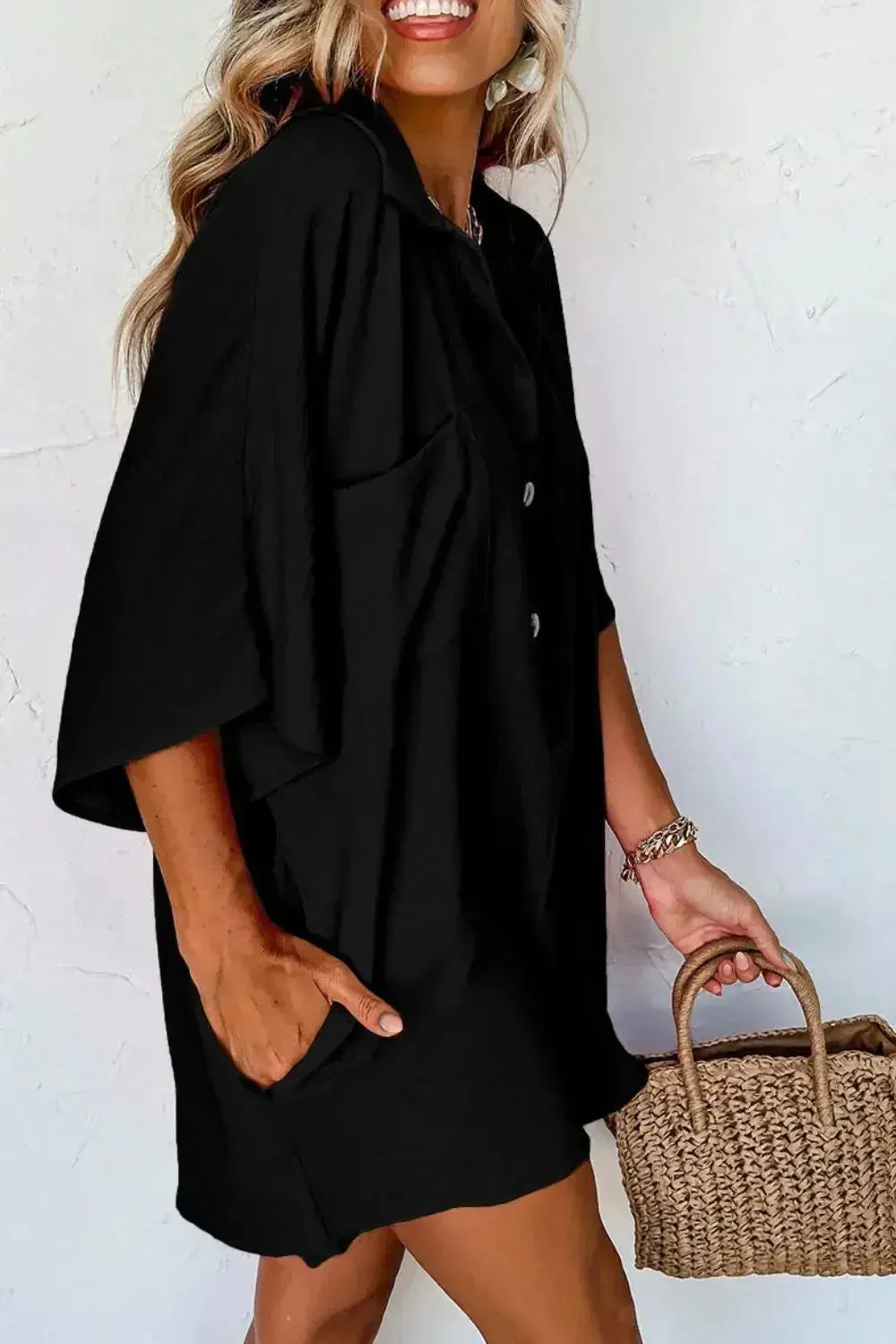 Lightweight women's half-button collared shirt romper by Plush Fashion Hub, versatile one-piece dress with a collared neckline.