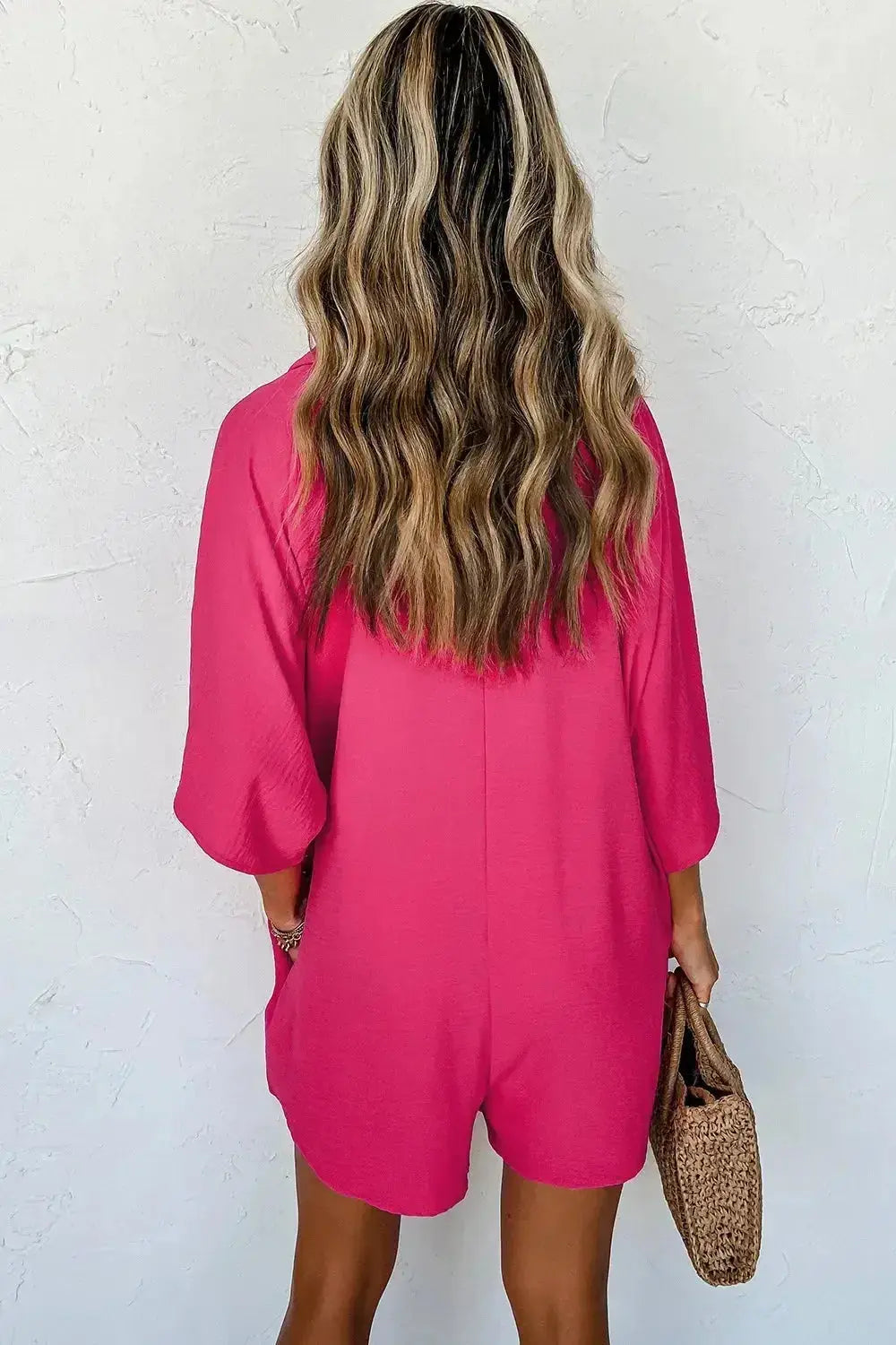 Women's lightweight half-button collared shirt romper by Plush Fashion Hub, versatile one-piece shirt dress with collar and short sleeves.