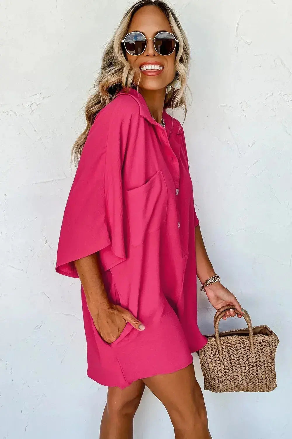 Women's half-button collared shirt romper by Plush Fashion Hub, lightweight and versatile one-piece shirt dress, perfect for casual wear.