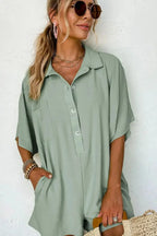Women's lightweight half-button collared shirt romper by Plush Fashion Hub, versatile one-piece with a stylish collar and relaxed fit.