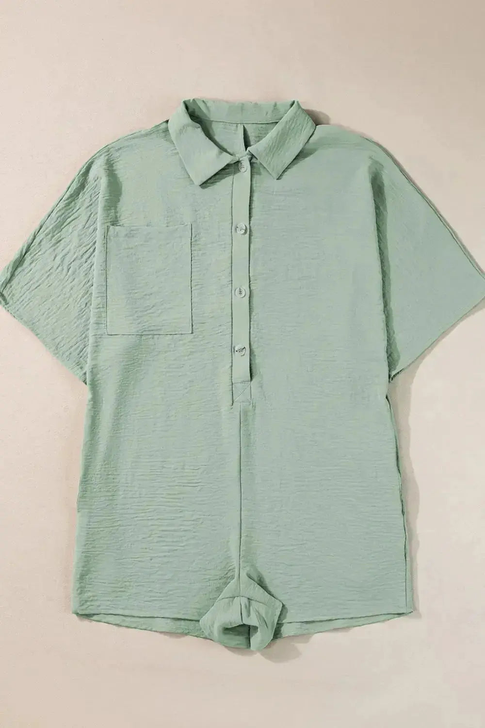 Women's lightweight half-button collared shirt dress romper by Plush Fashion Hub, featuring a versatile one-piece design with short sleeves.