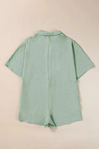 Women's lightweight collared shirt romper with half-button design, versatile and stylish one-piece from Plush Fashion Hub.