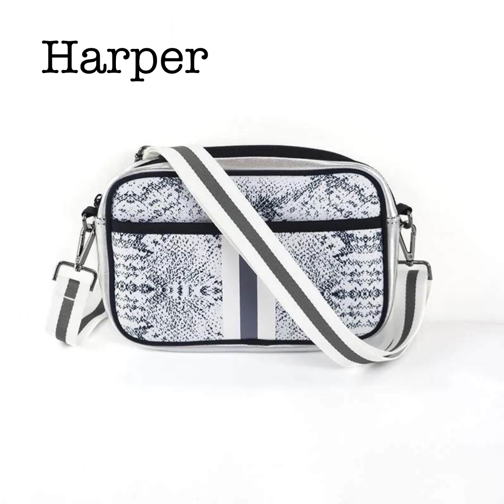 Black neoprene crossbody bag by Threaded Pear featuring a sleek design and adjustable strap for casual or stylish use.