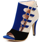 Women's color-block buckle peep-toe high heels by Trendy Attic Store01, featuring stylish design and comfortable heel height.