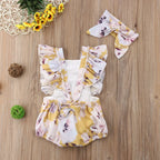 Girls' floral two-piece outfit with back tie and matching headband, featuring colorful flower print and comfortable fabric.