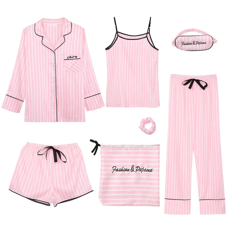 Eprolo July's Song pink women's 7-piece pajama set with faux silk striped fabric, perfect for sleepwear and loungewear.