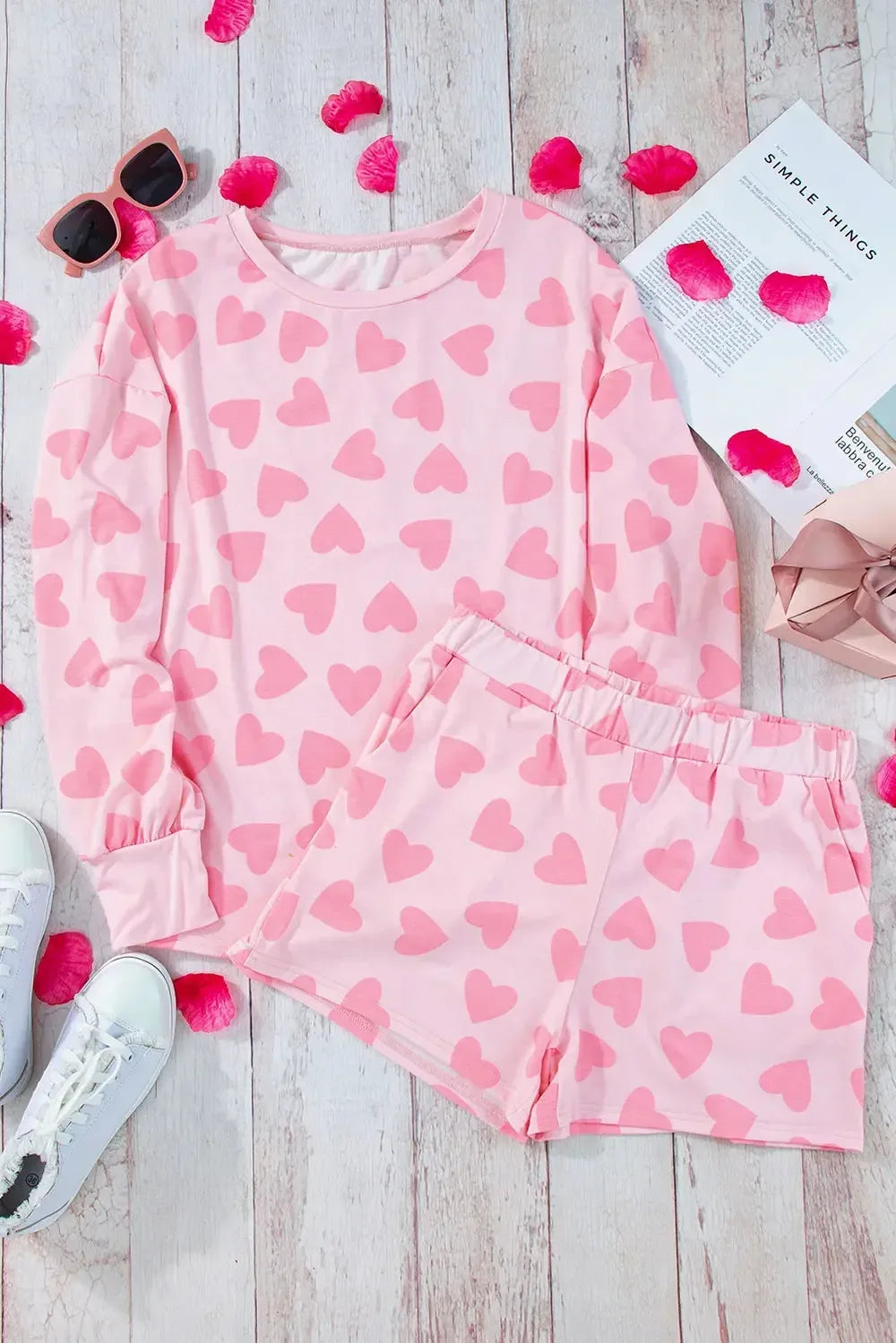 Heart Print Long Sleeve Top and Shorts Lounge Set - Plush Fashion Hub