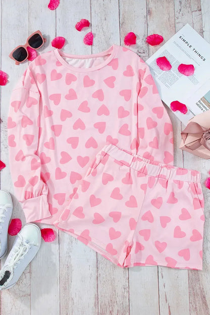 Heart Print Long Sleeve Top and Shorts Lounge Set - Plush Fashion Hub