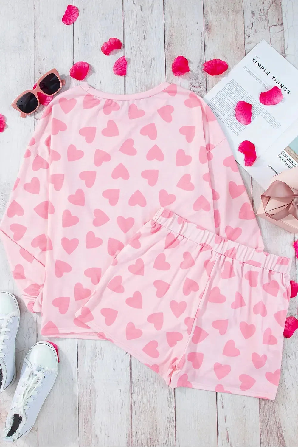 Heart Print Long Sleeve Top and Shorts Lounge Set - Plush Fashion Hub