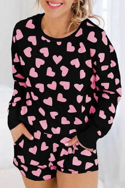 Heart Print Long Sleeve Top and Shorts Lounge Set - Plush Fashion Hub