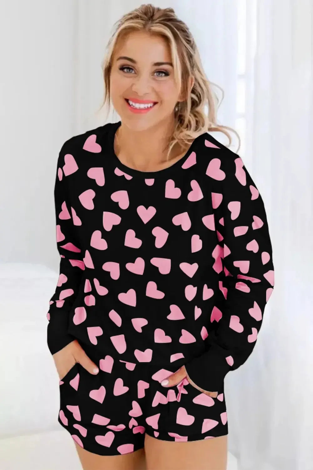 Heart Print Long Sleeve Top and Shorts Lounge Set - Plush Fashion Hub