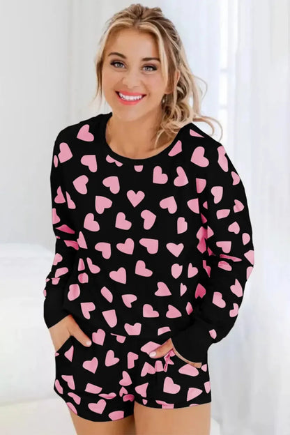 Heart Print Long Sleeve Top and Shorts Lounge Set - Plush Fashion Hub