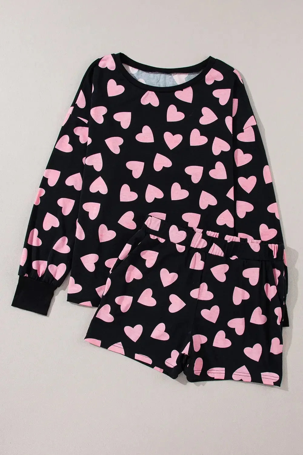 Heart Print Long Sleeve Top and Shorts Lounge Set - Plush Fashion Hub