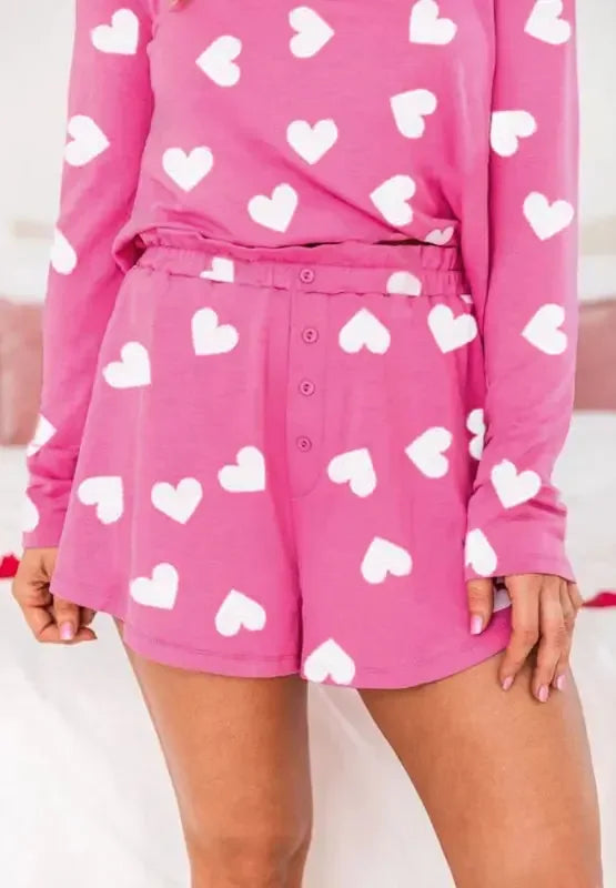 Heart Round Neck Long Sleeve Top and Elastic Waist Shorts Set - Plush Fashion Hub