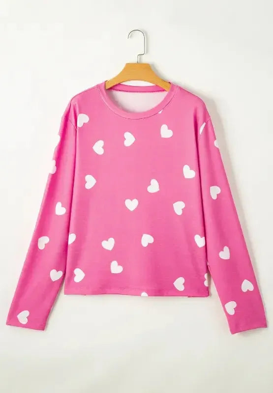 Heart Round Neck Long Sleeve Top and Elastic Waist Shorts Set - Plush Fashion Hub