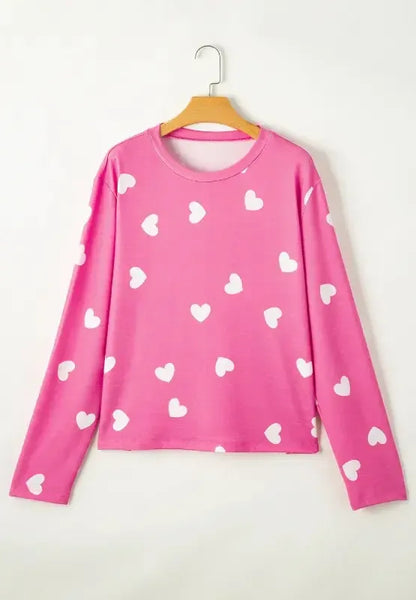 Heart Round Neck Long Sleeve Top and Elastic Waist Shorts Set - Plush Fashion Hub