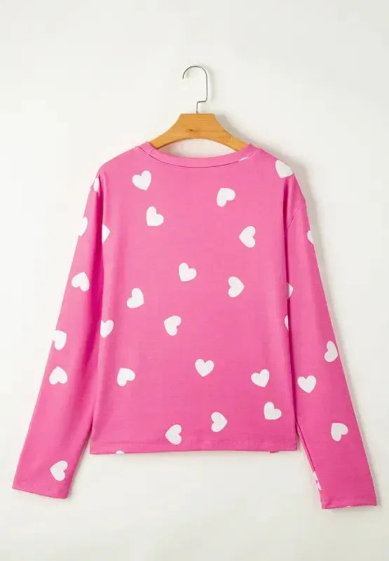 Heart Round Neck Long Sleeve Top and Elastic Waist Shorts Set - Plush Fashion Hub