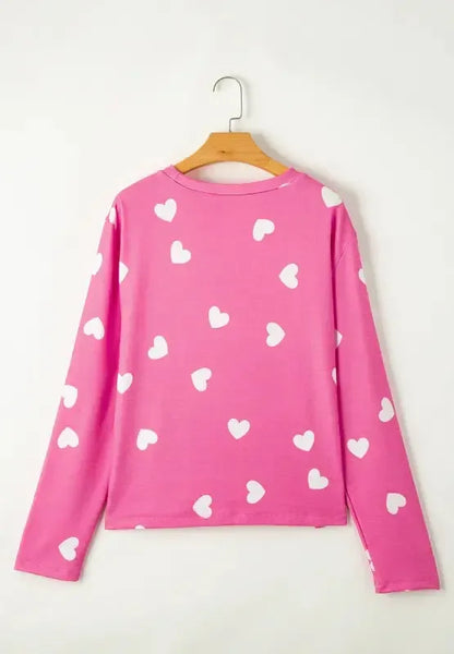 Heart Round Neck Long Sleeve Top and Elastic Waist Shorts Set - Plush Fashion Hub