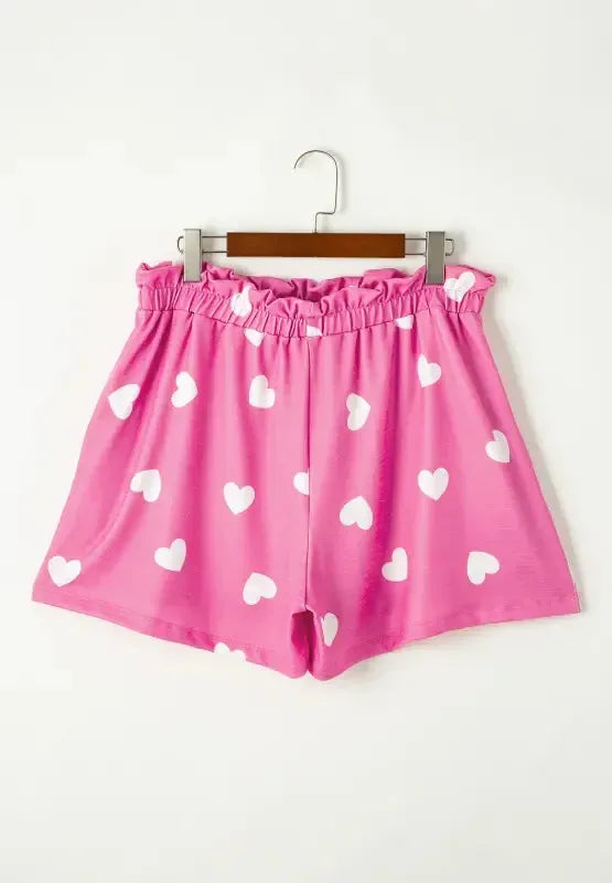 Heart Round Neck Long Sleeve Top and Elastic Waist Shorts Set - Plush Fashion Hub