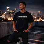 Black Heaven Sent Christian T-shirt by Wear Your Worship featuring faith-based graphic design on the front.