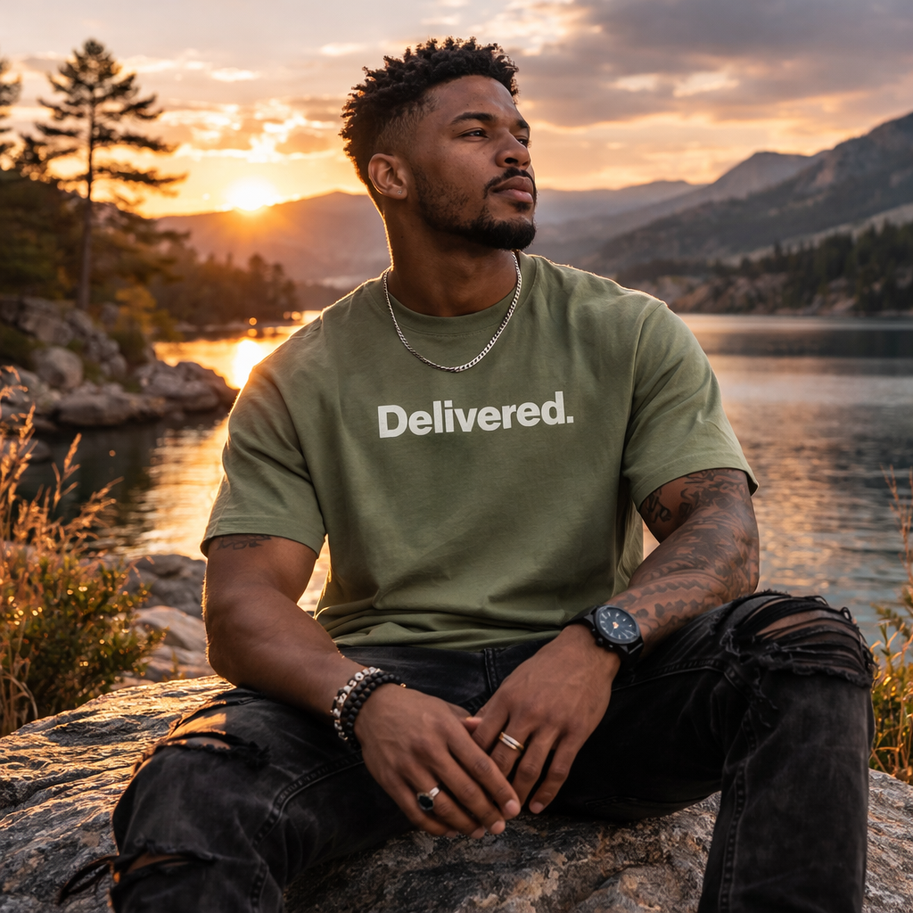 Olive green Heaven Sent Christian T-shirt by Wear Your Worship with faith-based graphic front and back label design.