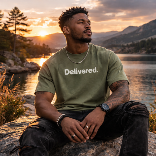 Olive green Heaven Sent Christian T-shirt by Wear Your Worship with faith-based graphic front and back label design.