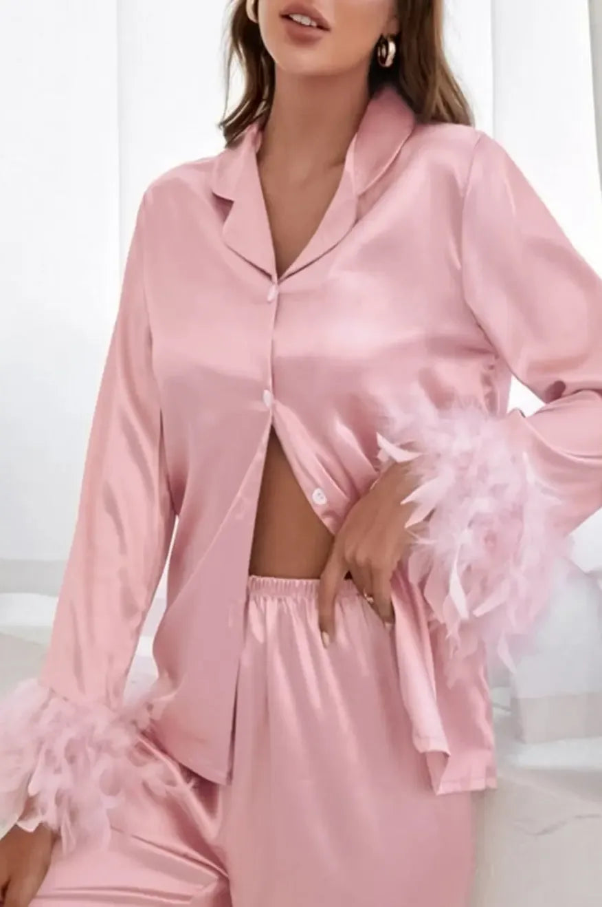 Heavenly Feathered Silk Pajamas in color options - Plush Fashion Hub