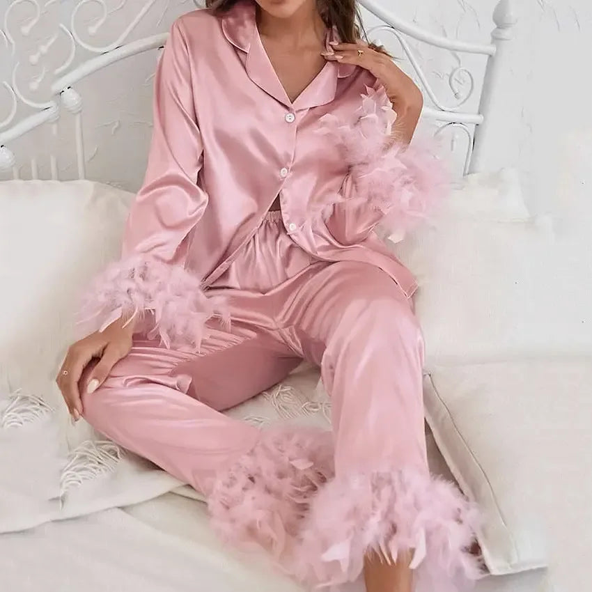 Heavenly Feathered Silk Pajamas in color options - Plush Fashion Hub