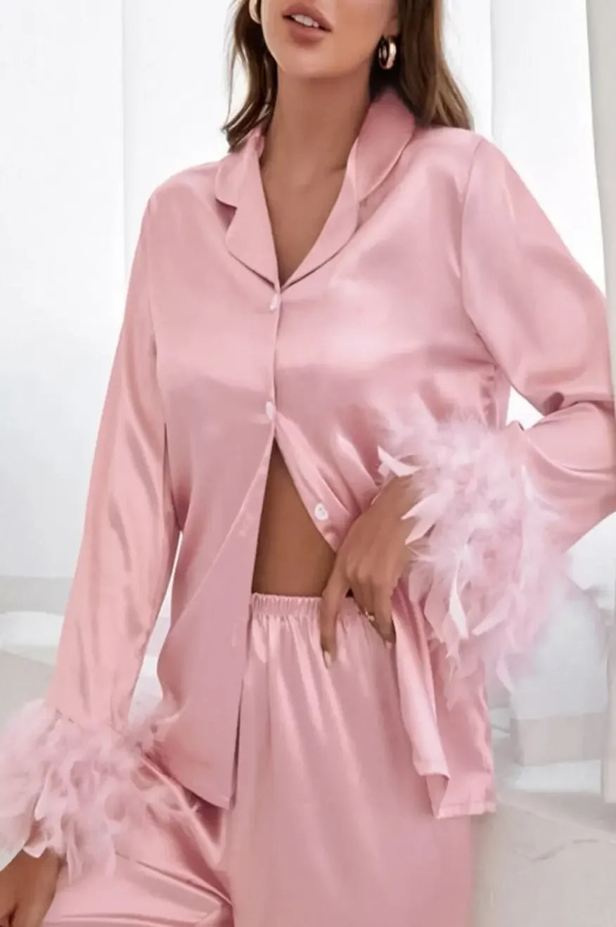 Heavenly Feathered Silk Pajamas in color options - Plush Fashion Hub