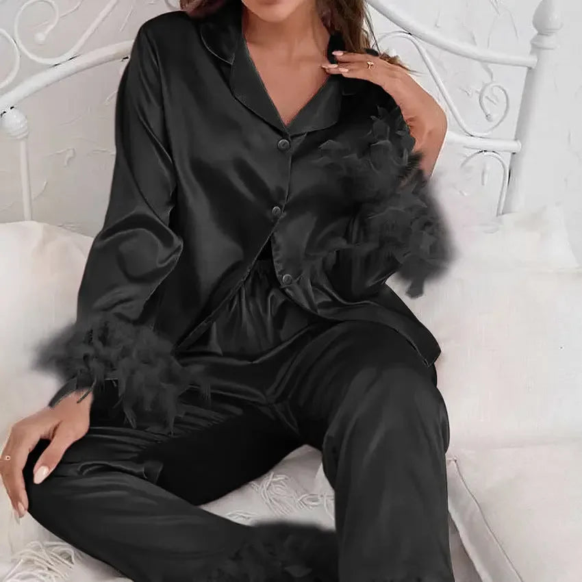 Heavenly Feathered Silk Pajamas in color options - Plush Fashion Hub