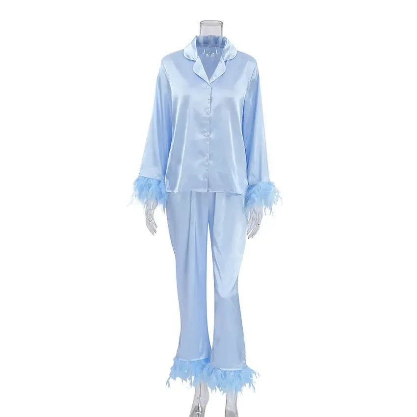 Heavenly Feathered Silk Pajamas in color options - Plush Fashion Hub