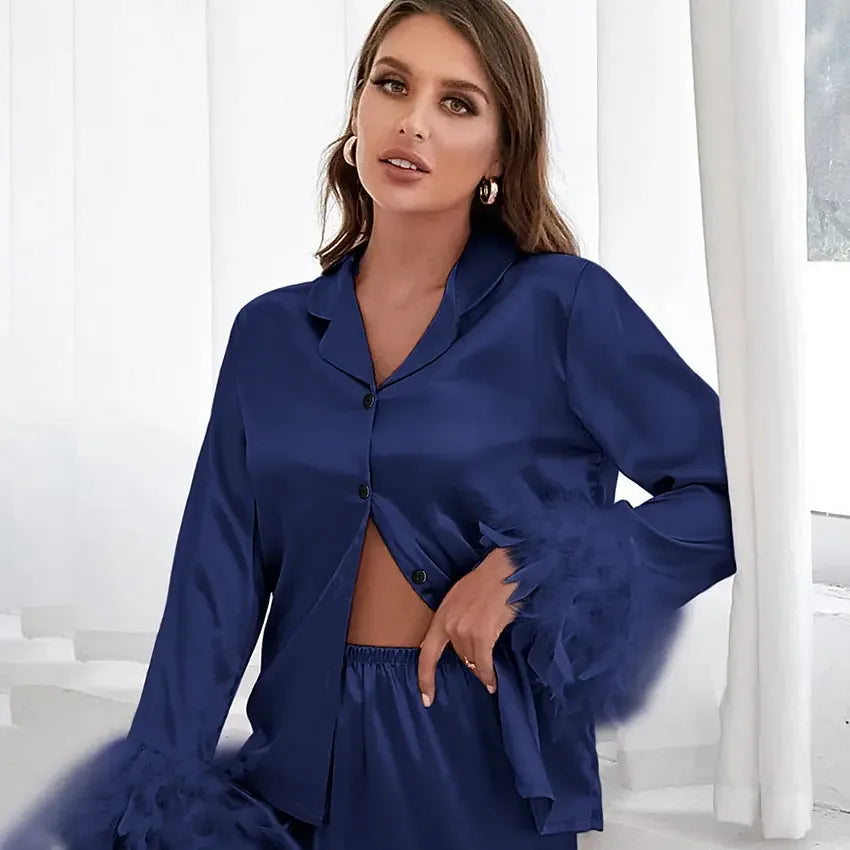 Heavenly Feathered Silk Pajamas in color options - Plush Fashion Hub
