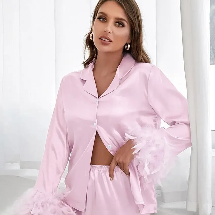 Heavenly Feathered Silk Pajamas in color options - Plush Fashion Hub