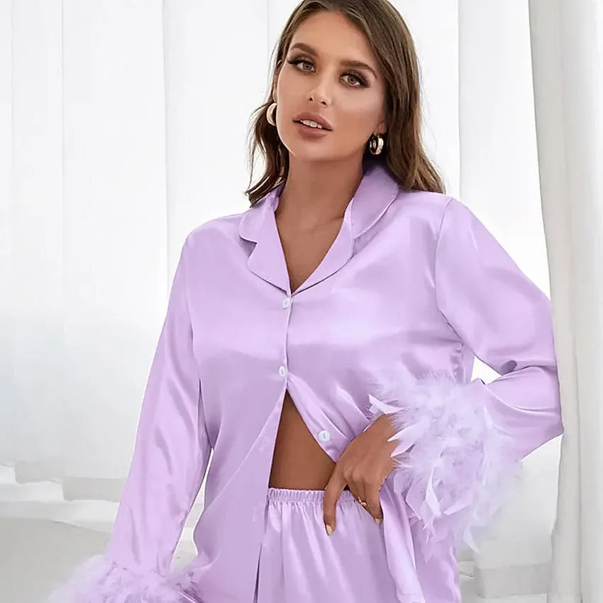 Heavenly Feathered Silk Pajamas in color options - Plush Fashion Hub