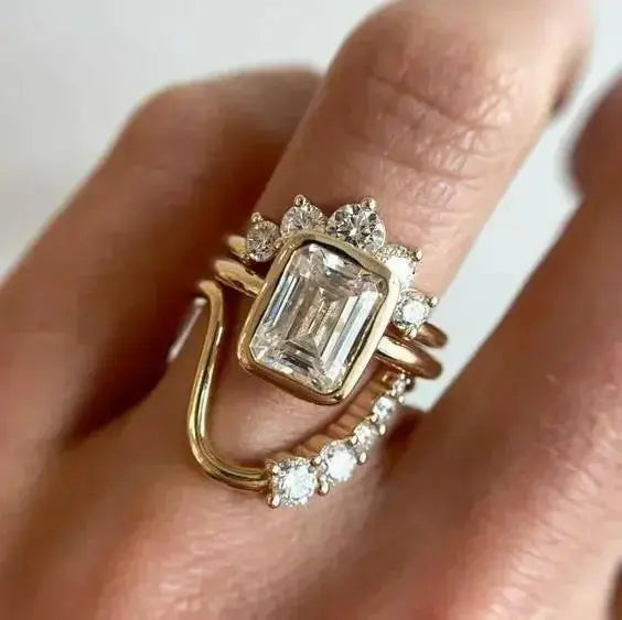 Gold-tone industrial zircon statement ring for women, featuring a bold, classical design with inlaid sparkling zircon stones.