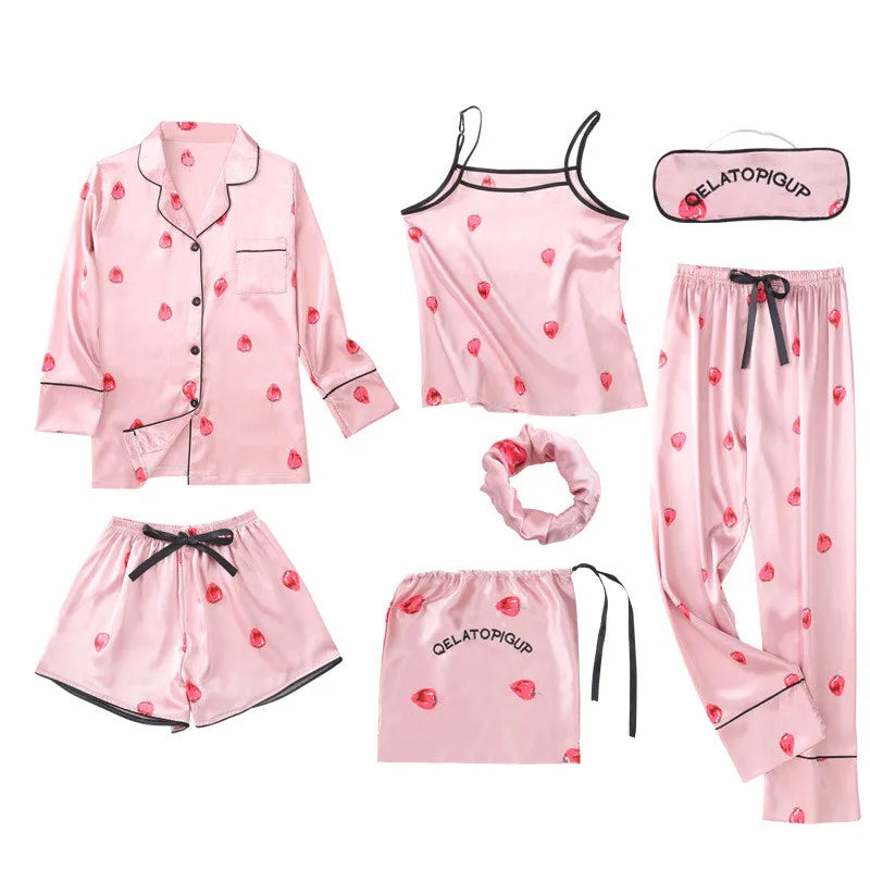 Eprolo July's Song pink women's 7-piece faux silk striped pajamas set with sleepwear, perfect for spring and summer homewear.
