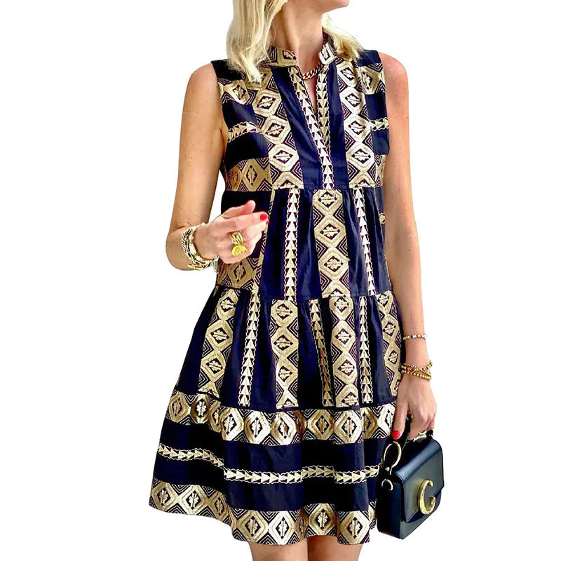 Vintage women's sleeveless printed dress by Trendy Attic Store01, showing a flowy fabric and colorful floral pattern.