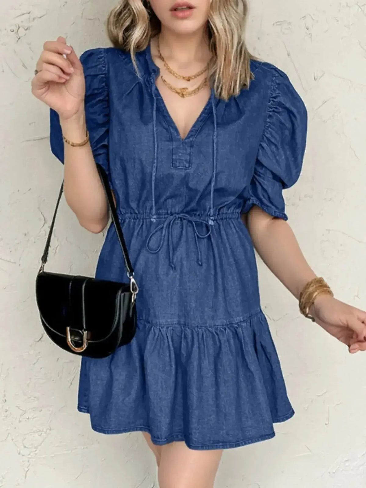 High-waist puff sleeve denim mini dress by Plush Fashion Hub, made of soft cotton blend, perfect for casual summer wear.