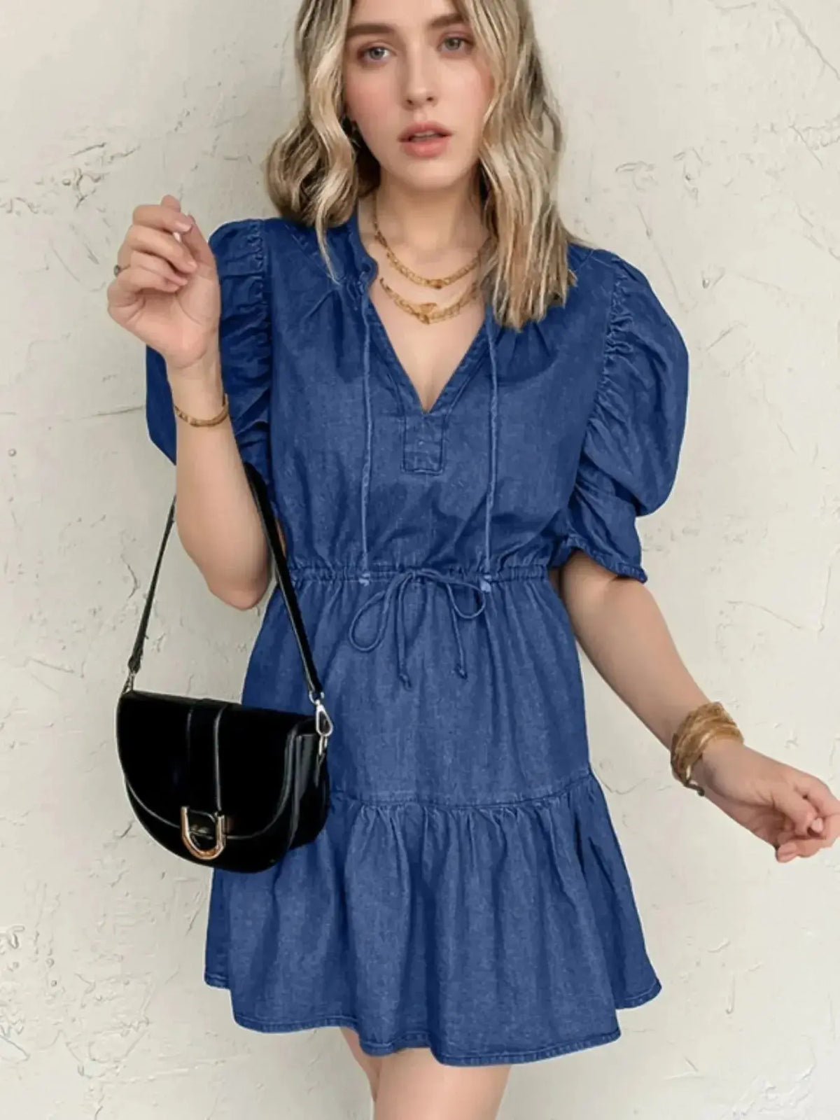 Plush Fashion Hub high-waist puff sleeve denim mini dress made of soft cotton blend, perfect for casual summer wear.