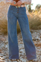 High-waisted wide-leg denim jeans with button-front closure from Plush Fashion Hub, styled for a casual, trendy look.