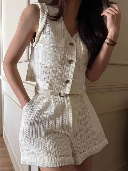 Hollow Lace Pocket Vest + High Waist Rolled Shorts Two-Piece Set - Plush Fashion Hub