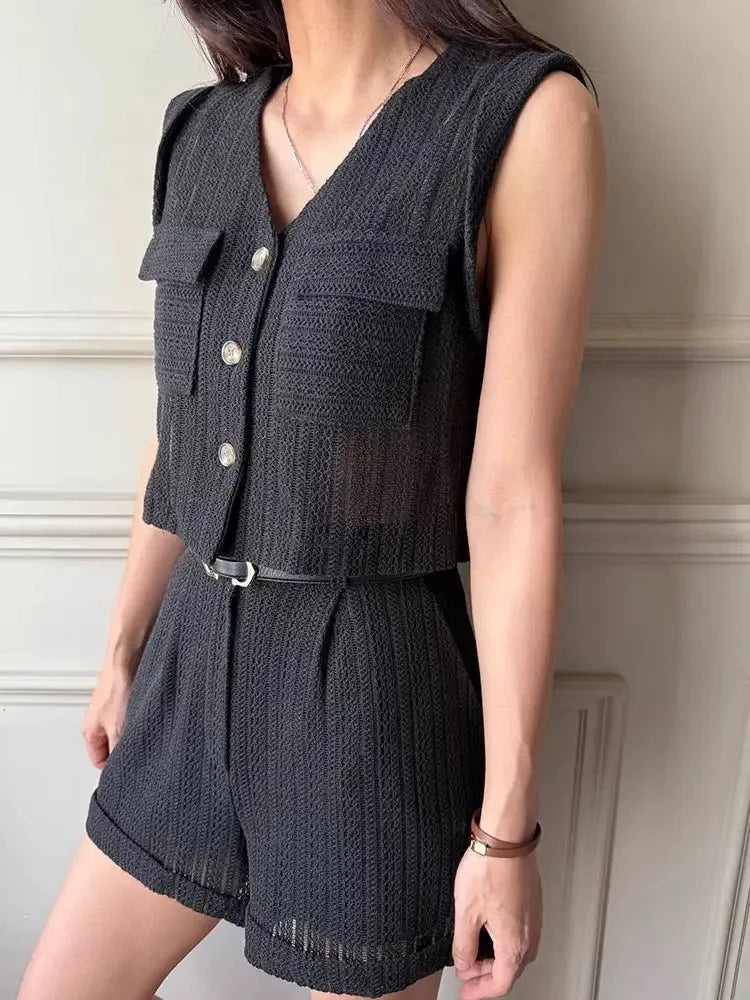 Hollow Lace Pocket Vest + High Waist Rolled Shorts Two-Piece Set - Plush Fashion Hub