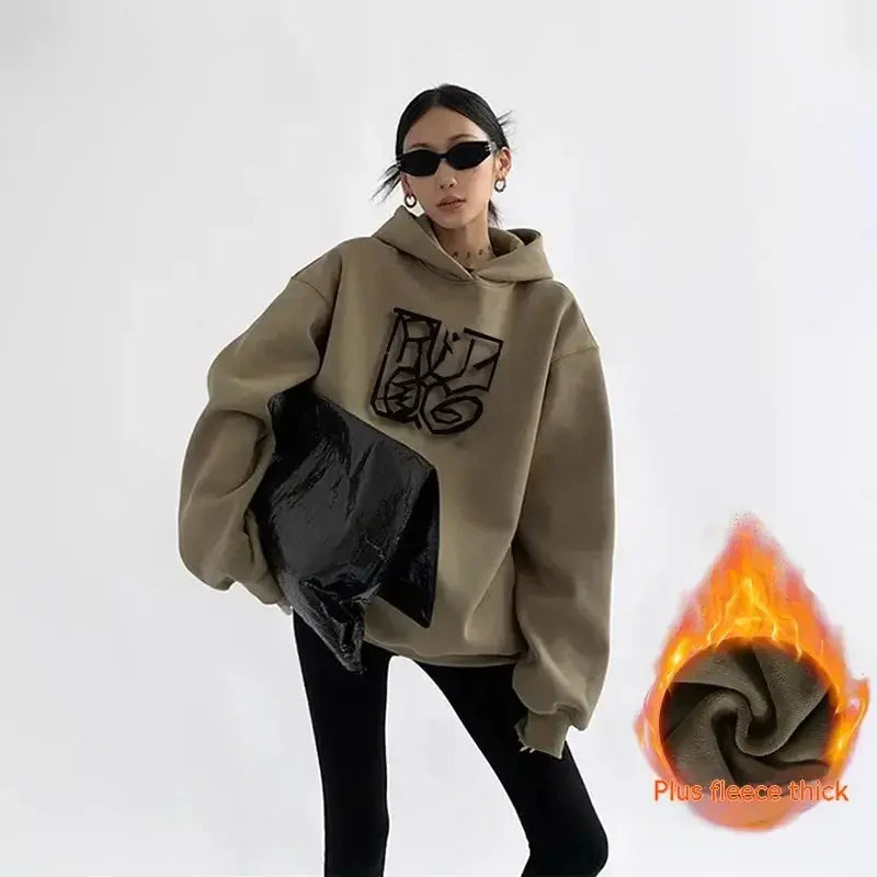Women’s oversized letter print hoodie from Plush Fashion Hub, thick velvet material, paired with matching joggers for a cozy look.