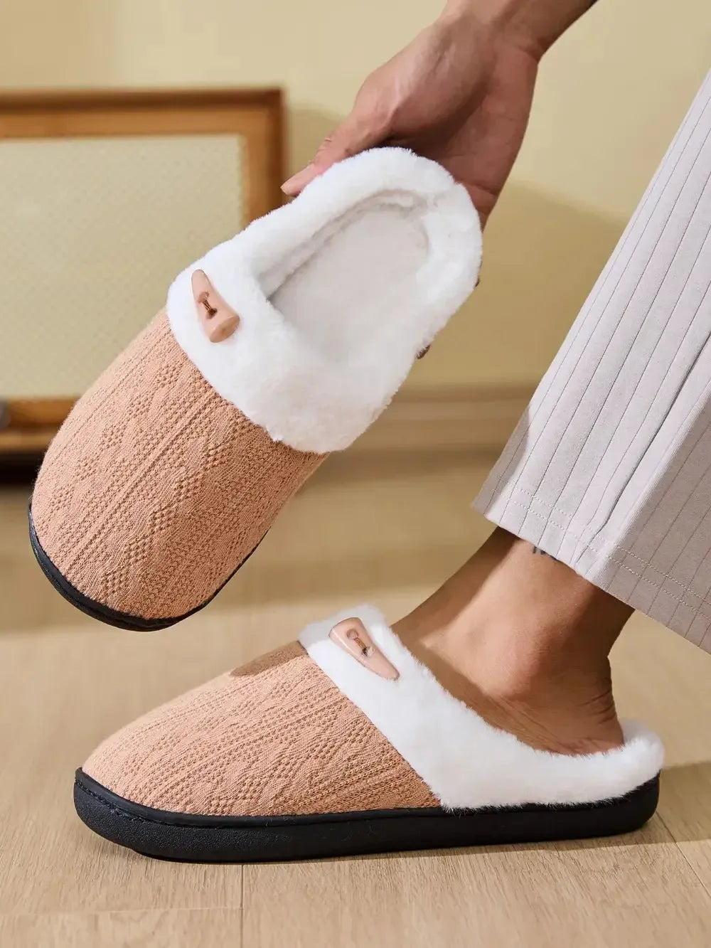 Horn Buckle Furry Texture Flat Slippers - Plush Fashion Hub