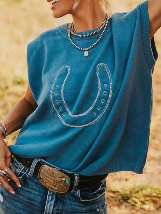 Horseshoe Graphic Round Neck Short Sleeve Sweater - Plush Fashion Hub